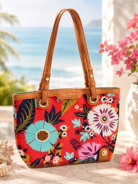 Spartina 449 Red Floral Tote with Tan Trim with Flaws